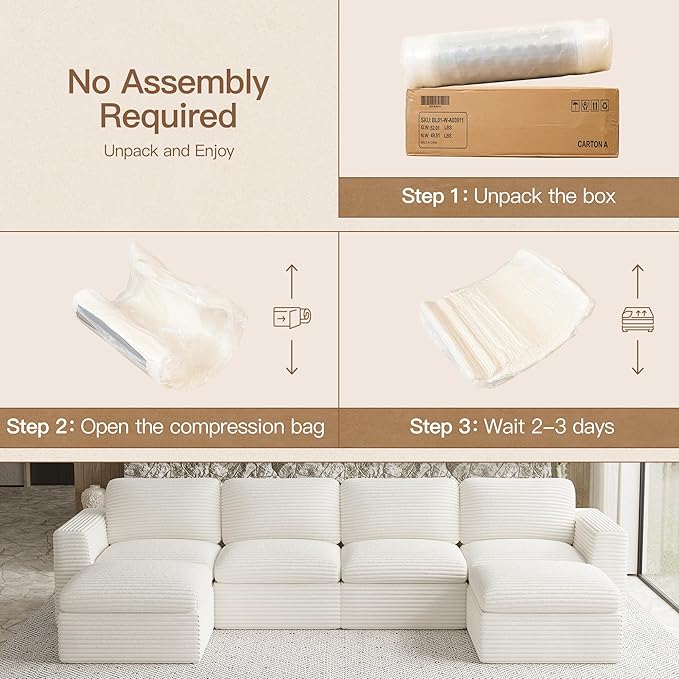 Cloud Sectional Couches for Living Room Plush Corduroy U Shaped Boneless Modular Sectional Sofa with Deep Seat. White Couch.