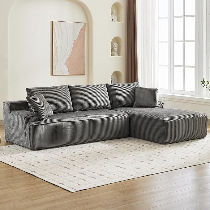 Sectional Cloud Boneless Couch 106" Modern Comfy L-Shape Corner No Assembly Required Convertible Compression Sleeper Modular Sofa with Corduroy Fabric Deep Seat Loveseat + Chaise for Living Room