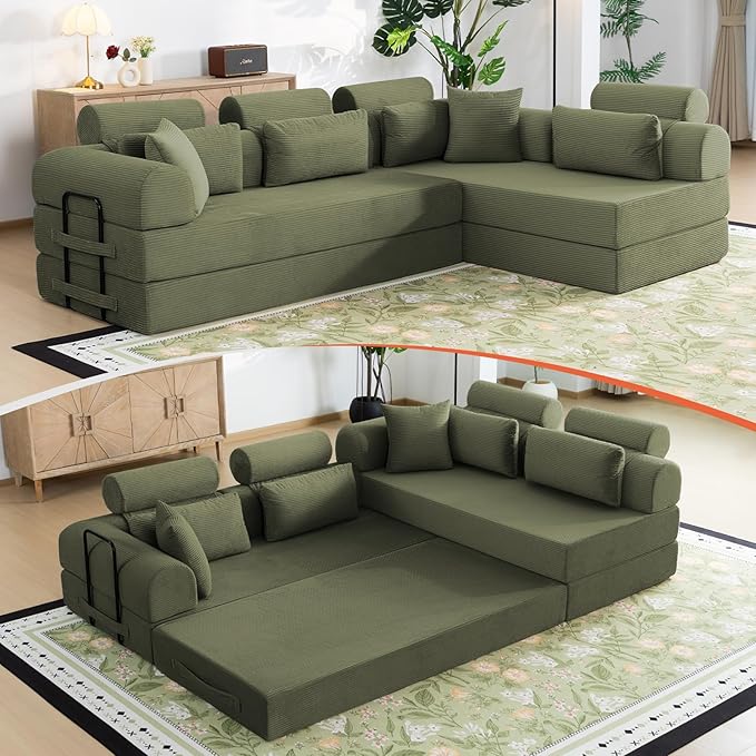 Boneless Sectional for Small Spaces, 106” L Shaped Couch From Two 70.87” Modules, Reconfigures to 141.7” Straight Sofa, Corduroy Compressed Couch in a Box With Headrest Back Pillows, Light Green