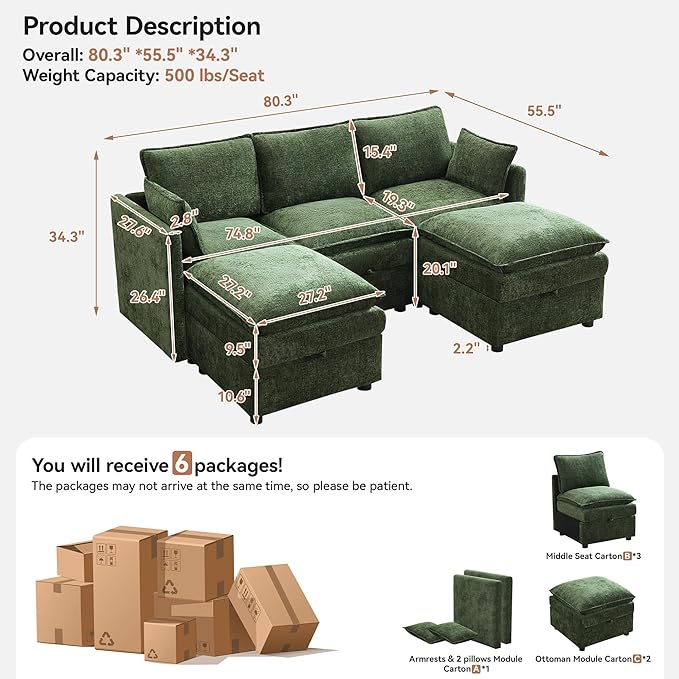80" Cloud Modular 3 Seater Sofa with 2 Storage Ottoman, Modern Upholstered Storage Sofa Couch Deep Seat, U Shape Sectional Sofa Chenille Comfy Couch with Armrests for Living Room, Small Space, Green | Modular Sofa, Storage Ottoman, Upholstered Sofa, Se...