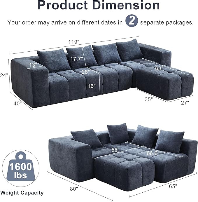 119" Boneless Couch, Cloud Sectional Couch with Deep Seat, High-Density Memory Foam and Chaise, Sectional L Shaped Sofa, Boneless Couches for Living Room, No Assembly Required Tufted Sofa, Blue