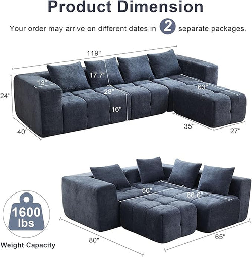 119" Boneless Couch, Cloud Sectional Couch with Deep Seat, High-Density Memory Foam and Chaise, Sectional L Shaped Sofa, Boneless Couches for Living Room, No Assembly Required Tufted Sofa, Blue