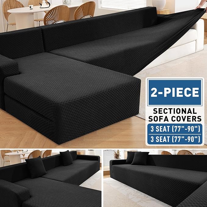 ZNSAYOTX Sectional Couch Covers, Stretch Jacquard Slipcovers with Elastic Bottom for L-Shape Sectional Sofa, 2 Pcs Pet Friendly Modular Sofa Protector (3 Seat Couch + 3 Seat Chaise, Black)