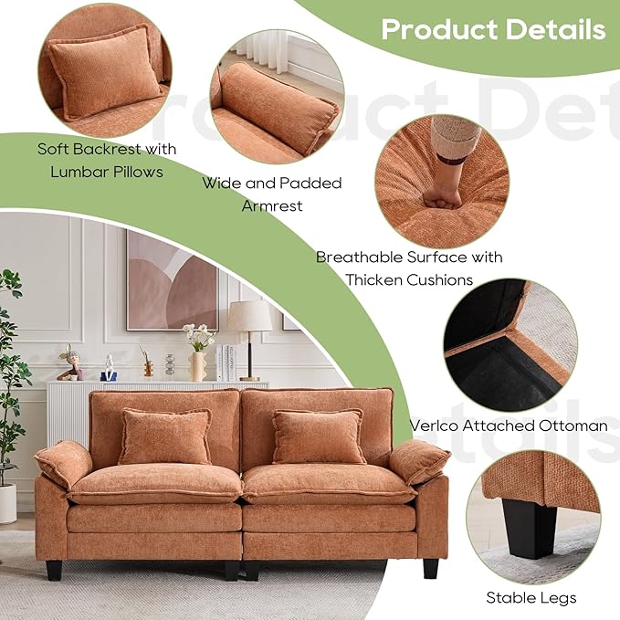 86" Modular Sectional Sofa, Comfy Cloud Couch Sectional Sofa, Chenille Sofa Sleeper Deep Seat Sofa with Throw Pillows for Living Room (Orange, 86"- Loveseat)