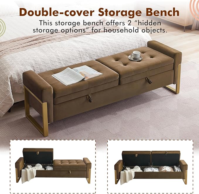 67" End of Bed Bench King Size, Velvet Storage Bench for Bedroom Foot of Bed, Double Lids Storage Bench with Golden Legs, Upholstered Ottoman Bench for Living Room Window Entryway, Brown