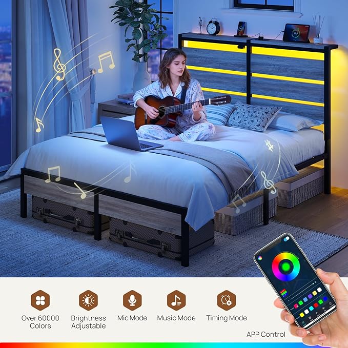 Rolanstar Queen Bed Frame with LED Lights and Charging Station, Wood Storage Headboard and Under Bed Storage, Metal Platform, Noise Free, No Box Spring Needed, Grey
