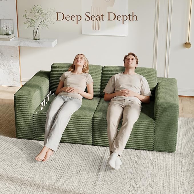 Vesgantti 80" Modular Sectional Sofa, Corduroy Cloud Couch with Deep Seating & Spring Support, 2 Seater Compact Modular Couch, Boneless Sectional Sofa for Small Spaces, No Assembly Required, Green