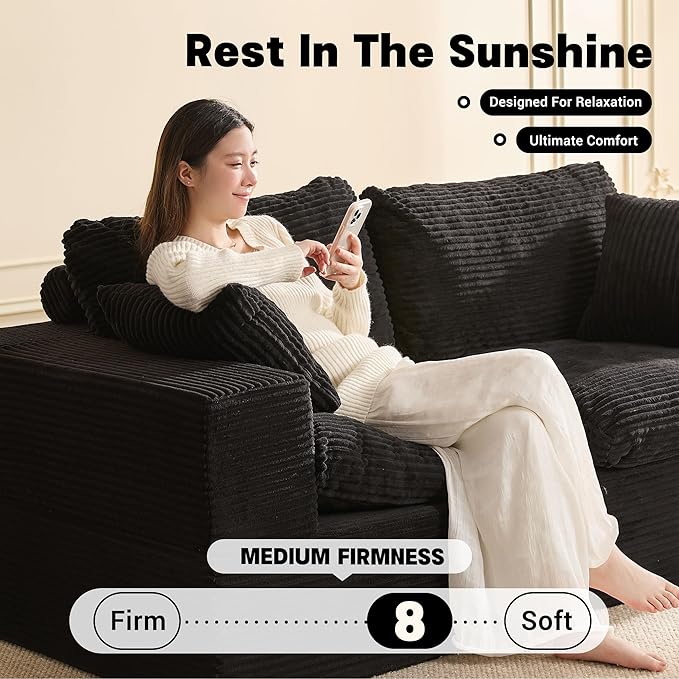 74.8” Set of Cloud Couch, Modular Loveseat Sofa, Convertible Sofas Bed, Deep Seat Sofa, Cozy Sofa for Living Room, Office and Bedroom, Corduroy, Black