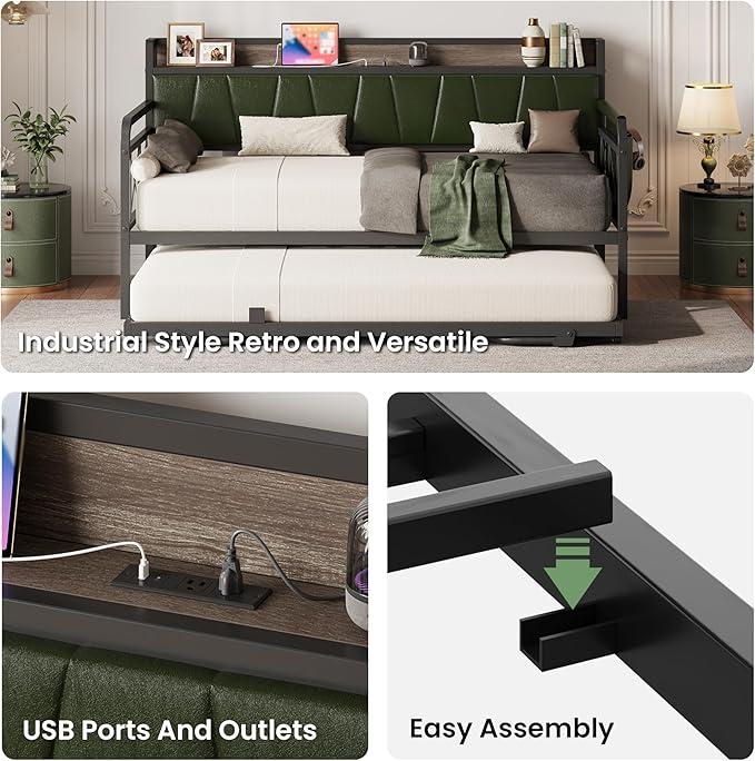 LIKIMIO Daybed with Trundle Bed, Twin Bed Frame with Storage Headboard and Charging Station, Sofa Day Bed with Strong Supports for Living Room, Bedroom, and Guest Room, Dark Green