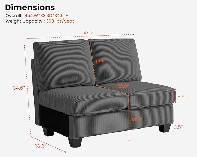 CHIC HOUSE Middle Module for Modular Couch, Corduroy Customizable Chaise, Storage Ottoman for Sectional Sofa, Armrest, Single/Double Seater