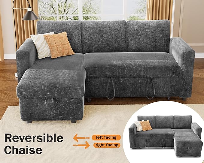 Vipbear 82" Sectional Sleeper Sofa with Pull Out Bed, L Shaped Couch Sleeper Sofa Bed, Pull Out Couch with Reclining Backrest, Reversible Storage Chaise, USB Ports, Tool-Free Assembly, Chenille Grey