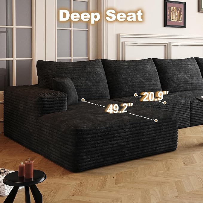 136" Sectional Couches for Living Room Cloud Couch Sofa with L-Shape Upholstered Boneless Couchs Modern Modular Sectional Couch with Chaise (Black, 136" Left Facing Chaise+3Seaters+Ottoman)