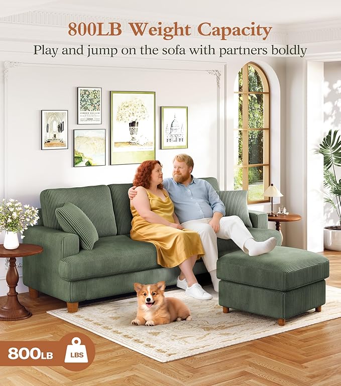 Kidirect 87in L Shaped Couch, Modular Sofa No Tool Assembly, Comfy Sectional Couches for Living Room 21in Deeper Seats, Corduroy Sofas for Living Room with 2 Pillows, Loveseat Sofa Set, Green Couch | Comfy Corduroy, Oversized 87in Couch, 850LB Tough, T...