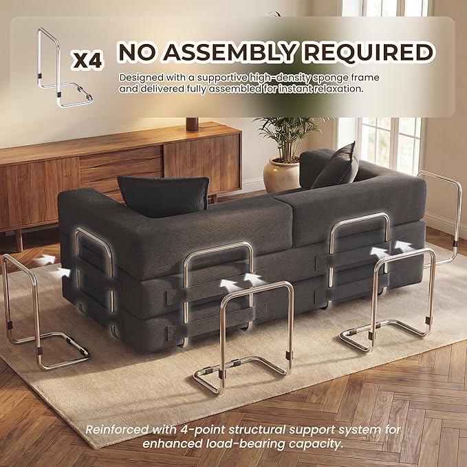 78 Inch Convertible Sofa Bed, 5-in-1 Futon Sofa Bed Pull Out Couch, Boneless Couch Bed for Living Room, Corduroy Boneless Couches for Bedroom, Apartment, No Assembly Sleeper Sofa Bed, Gray | 4 Fixed-Shape Frame, Removable Corduroy, High-density foam, W...