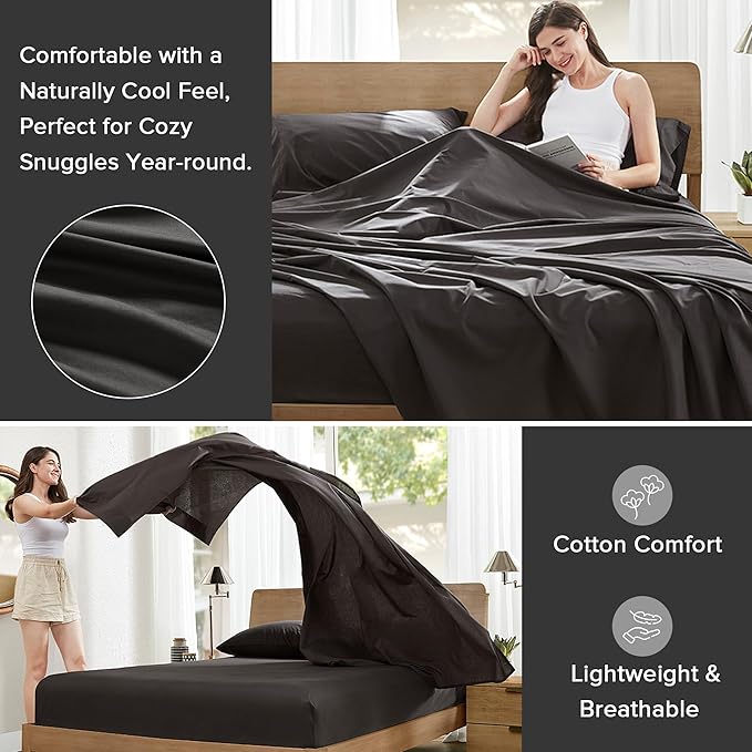 Comfort Spaces 100% Cotton Sheets Twin XL, Breathable & Ultra Soft Cotton Sheets, Naturally Cool Cotton Bed Sheets with 12" Elastic Pocket Fits up to 14" Mattress, All Season Sheet Set, Black, 3 Piece