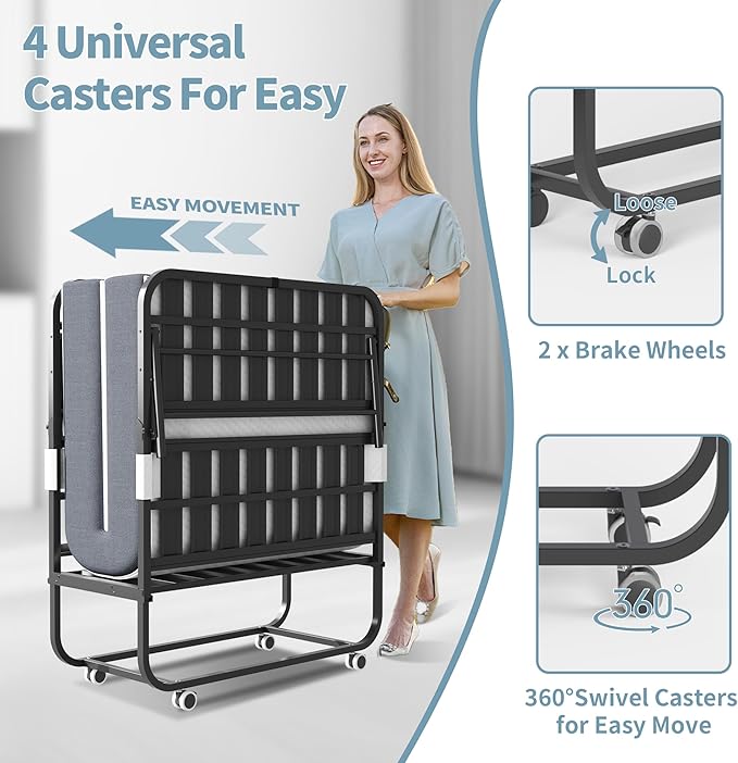 Folding Bed, 74.4"x38" Portable Beds for Adults, Heavy Duty Sturdy Metal Frame, Foldable Bed on Wheels for Twin Size, Space Saving Rollaway Bed for Guest Easy Storage