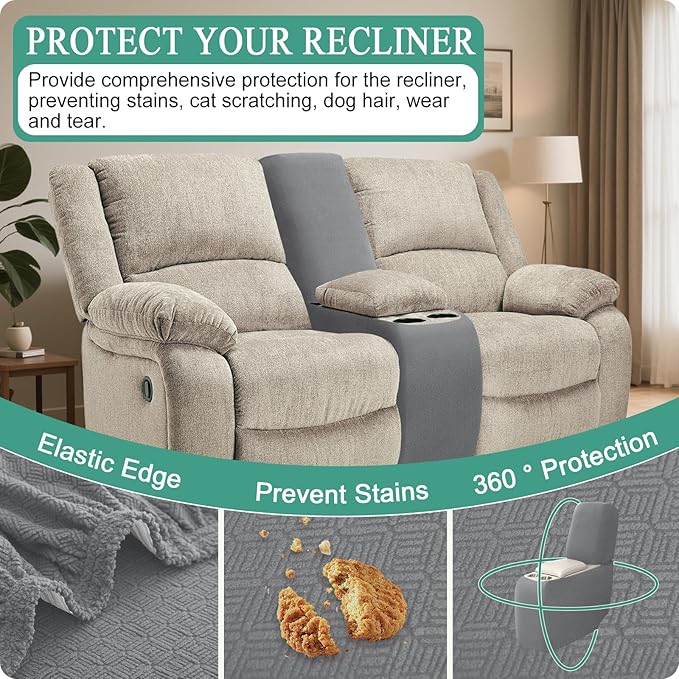 Waterproof Reclining Sectional Couch Covers Washable L Shaped Couch Cover for Sectionals Recliner Sofa Covers Stretch Corner Recliner Slipcovers for Dogs (Console Cover, Light Gray)