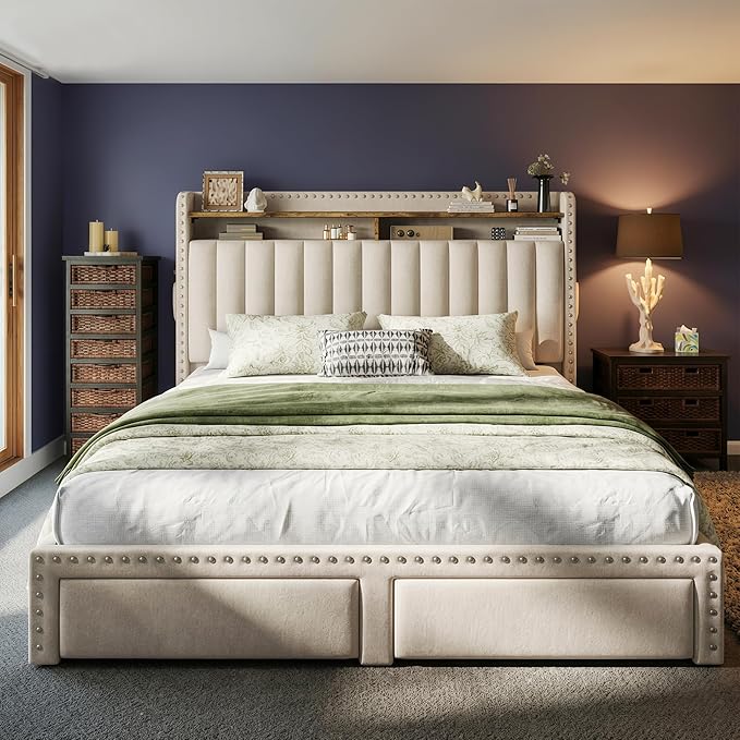 EnHomee Queen Size Bed Frame, Upholstered Queen Bed Frame with 2 Storage Drawers and 2-Tier Headboard, Vertical Tufted Headboard Design, Extra Storage Space for Bedroom Apartment, Beige