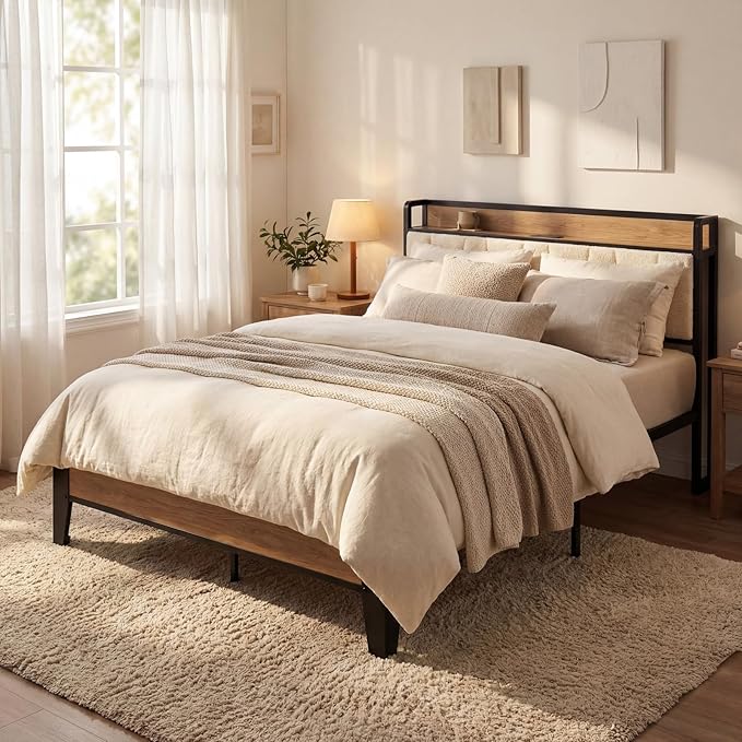 LIKIMIO Full XL Bed Frames, Storage Headboard with Charging Station, Solid and Stable, Noise Free, No Box Spring Needed, Easy Assembly, Wood and Cream
