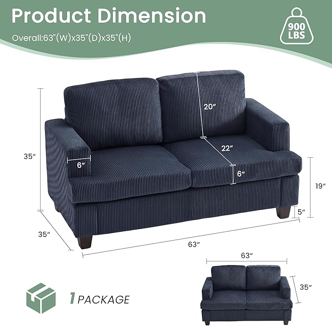 YOUDENOVA 2 Piece Set Comfy Sofa Couch, 3 Seater & Loveseat Sofa with Deep Seats, Modern Sleeper Couch for Living Room, Blue Corduroy