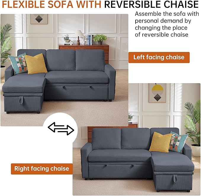 Sleeper Sofa Bed, Convertible L Shaped Sofa | Pull Out Bed with Reversible Storage Chaise | Layered Storage | Side Pockets | 3-Seater Comfy 79" Sectional Pullout Couch for Living Room, Dark Grey