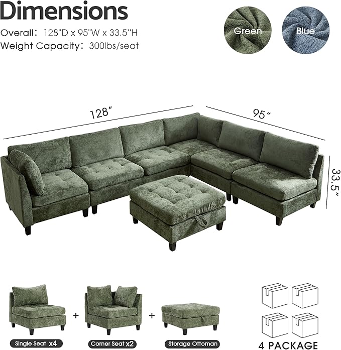 Luxe Oversized Modular Sectional Sofa, Modern Chenille Convertible Sleeper Sofa with Storage Ottoman, Comfy Deep Seat U-Shaped Cloud Couch for Living Room（Green，6-Seater + 1*Ottoman）