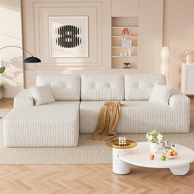 Ball & Cast 106" Boneless Sectional Sofa, Corduroy Modular L Shaped Couch with Deep Seat Chaise, Cloud Style Oversized Sectional Couch for Living Room, No Assembly, Left Facing, Beige