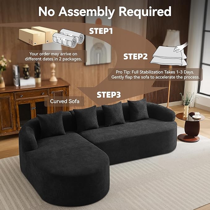 105.5" Boneless Curved Couch, L Shaped 4-Seater Cloud Couch with Deep Seat Chaise, Oversized Curved Sofa, Modular Sectional Couches for Living Room, No Assembly Needed, Black
