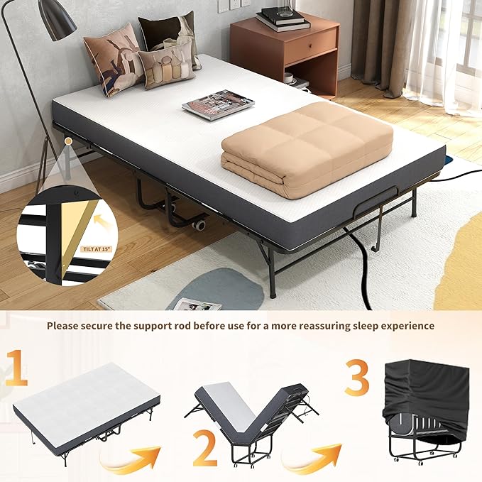 AQY Folding Bed with Mattress for Adults,75" x 46" Portable Rollaway Bed Guest on Wheels with Memory Mattress and Heavy Duty Sturdy Metal Frame,Foldable Bed for Adults,Guest, Twin Size,Cot Size