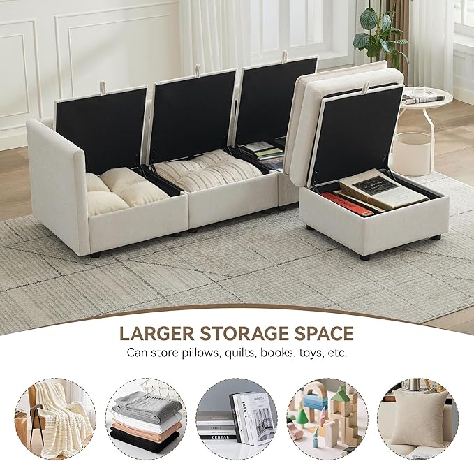 80" Cloud 3 Seater Sectional Modular Couch with Storage Ottoman, Upholstered Storage Sofa Deep Seat, Chenille L Shape Sofa Comfy Couches with Armrests for Living Room, Small Space, Beige