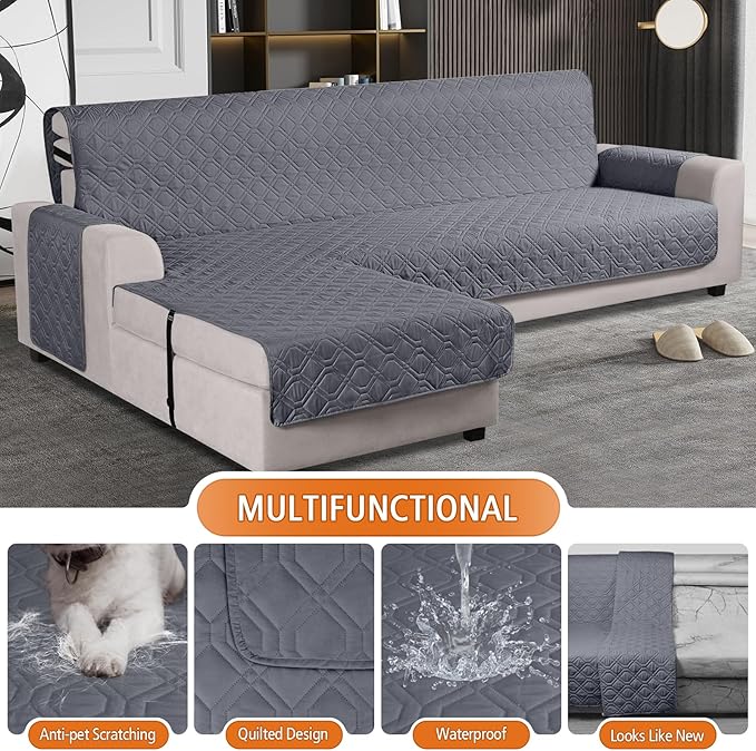 VANSOFY Upgraded Sectional Couch Covers 100% Waterproof L Shaped Sofa Slipcover Reversible Chaise Lounge Cover for Sectional Sofa Furniture Protector Cover for Pets Dog Cat(Large, Dark Gray)