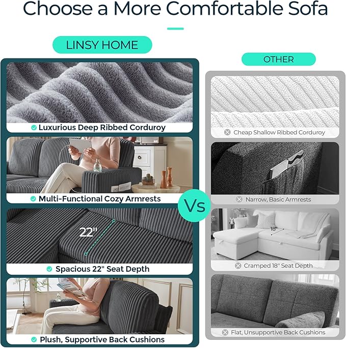 LINSY HOME Sectional Sleeper Sofa Pull Out Couches for Living Room (Grey, Sleeper Sofa 5) | Pull Out Sofa Bed, Storage, USB Charging, Cup Holders, Plush Corduroy