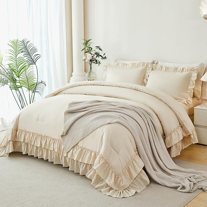 ANGIYUIN Beige Ruffle Comforter Set King Size 5 Pieces Solid Farmhouse Boho Bed in A Bag Soft Lightweight Fluffy Shabby Bedding Set with Sheet Sets for Women(Beige King)