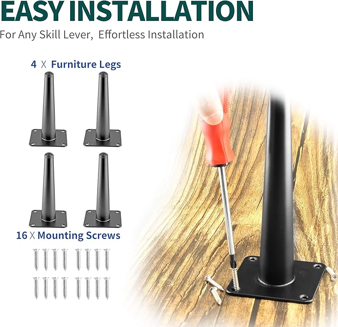 4pcs 6 Inch Furniture Legs, Straight Conical Metal Legs Matte Black Mid-Century Style Furniture Feet for Sofa Cabinet Table Chair Cupboard Couch Ottoman Home DIY Projects