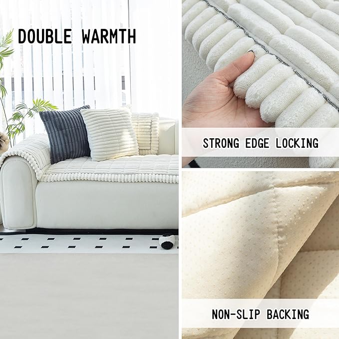 Sofa Couch Cover, Sofa Covers for Dogs Washable, Non-Slip Striped Sofa Slipcovers for Sectional Sofa, Sofa Cover Furniture Protector for L Shaped(Beige White, 27.6"x 27.6")