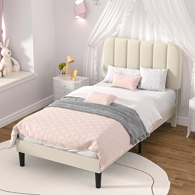 VECELO Twin Size Bed Frame with Upholstered Headboard, Velvet Platform Bedframe Mattress Foundation, Strong Wood Slat Support, No Box Spring Needed,Velvet Beige