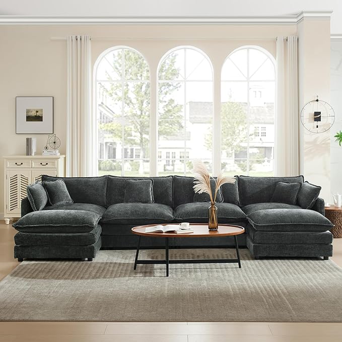 mikibama Modular Sectional Sofa, 146.5 Inch U Shaped Couch Set for Living Room, 4-Seater Comfy Cloud Couches with Two Movable Ottoman, DIY Combination, Chenille, Grey