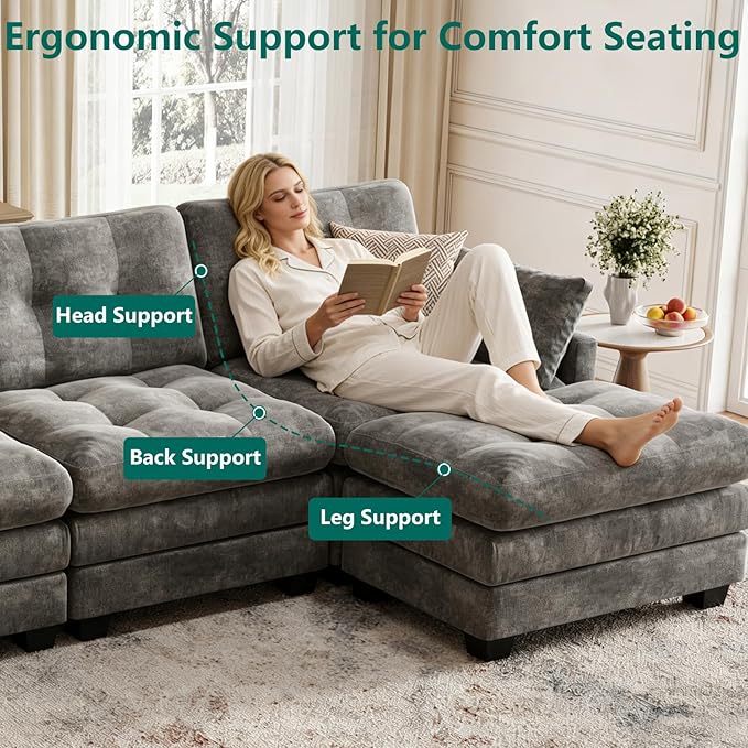 Modular Sectional U Shaped Sofa Couches for Living Room, Cloud Couch with Movable Ottoman, Comfy Chenille Sofa with Pillow for Bedroom and Apartment,Dark Gray-Tufted