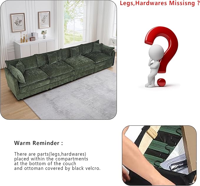 Setawix Chenille Cloud Couches for Living Room,4 Seater Cloud Sofa Couch with Deep Seat,147.22" Roomy Cloud Sofas,Modular Sectional 4 Seat Sofa with Pillows for Bedroom (Green, 4 Seater)
