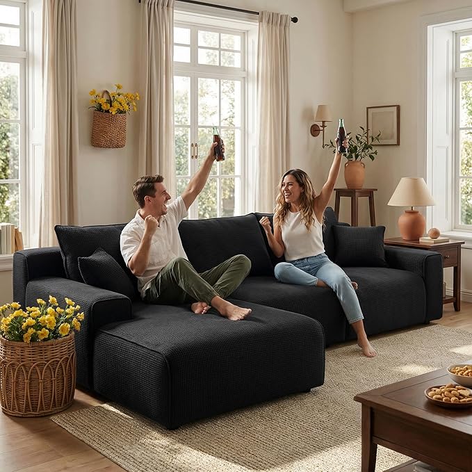 97”Modular Sectional Sofa, Cloud Sectional Couch with Deep Seat, Modern Modular L-Shape Sofa Couch, Upholstered Boneless Couches for Living Room Bedroom (Black Check, Left Facing Chaise)