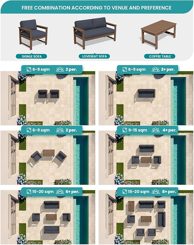 SERWALL HDPE Outdoor Loveseat with Cushions, All Weather Use Outdoor Loveseat Sofa, Brown Frame/Grey Cushion