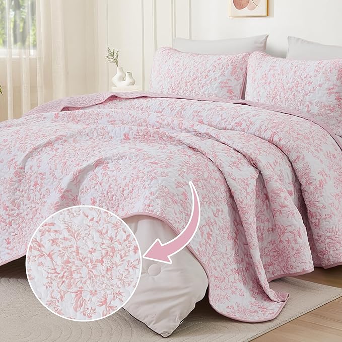WONGS BEDDING Quilt King Size, Pink Quilt Bedding Set with 2 Pillowcases, Botanical Quilt for King Bed, Soft Microfiber Lightweight Coverlet Bedspread for All Season (110"×90", 3 Pieces)