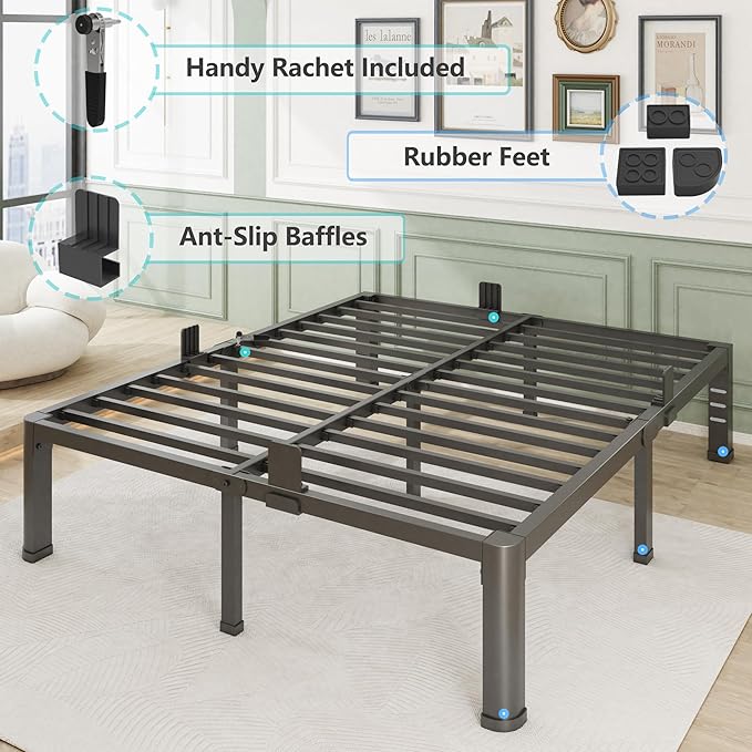 Firpeesy 18 Inch Queen Bed Frame with Rounded Corner and Headboard Hole Mattress Retainers 3500 lbs Heavy Duty Support Metal Platform Bed Frame Noise Free No Box Spring Needed Easy Assembly