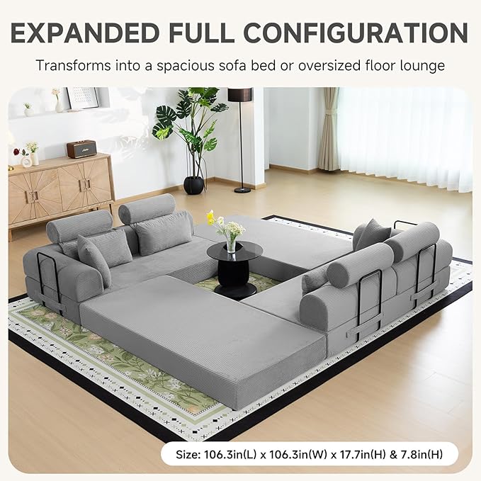 Boneless Sectional for Small Spaces, 106” L Shaped Couch From Two 70.87” Modules, Reconfigures to 141.7” Straight Sofa, Corduroy Compressed Couch in a Box With Headrest Back Pillows, Light Grey