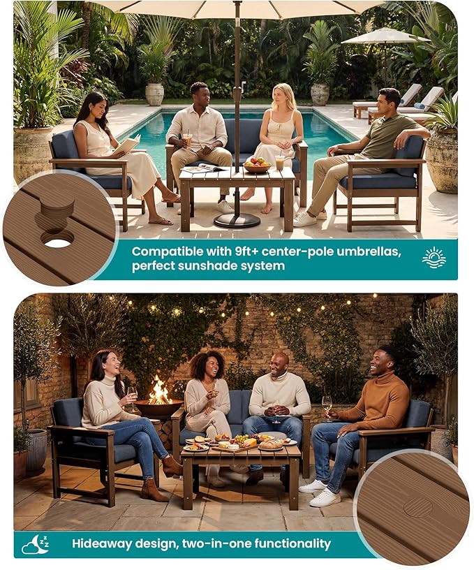 SERWALL HDPE Outdoor Loveseat with Cushions, All Weather Use Outdoor Loveseat Sofa, Brown Frame/Grey Cushion