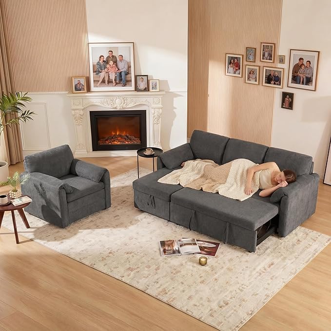 Tbfit Pull Out Sofa Bed with Chair, 3 in 1 Sleeper Sofa Couch with USB & Storage Chaise, Comfy Convertible Sleeper Sofas for Living Room, Small Spaces, Dark Gray