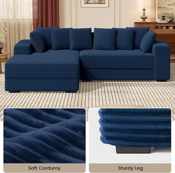 111'' Modular Sectional Cloud Couches with Chaise, L Shaped Large Sleeper Couch Fluffy Corduroy with 8pcs Pillows for Living Room(Blue Left Facing Chaise)