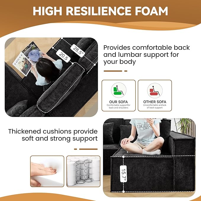 138'' Boneless Chenille L Shaped Couch, Oversized Modular Sectional 7 Seater Sofa, Modern Deep Seat Corner Cloud Compressed Couch, No Assembly Sleeper Sofa with Chaise for Living Room, Black