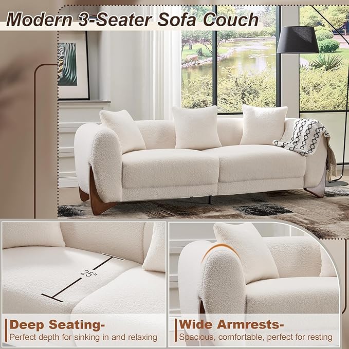 87" Sherpa Boucle 3 Seater Sofa Modern Cloud Couch with Solid Wood Legs, 25in Extra Deep Seat, Comfy Thick Cushion Upholstered Sofa Couches with 3 Pillows for Living Room, White