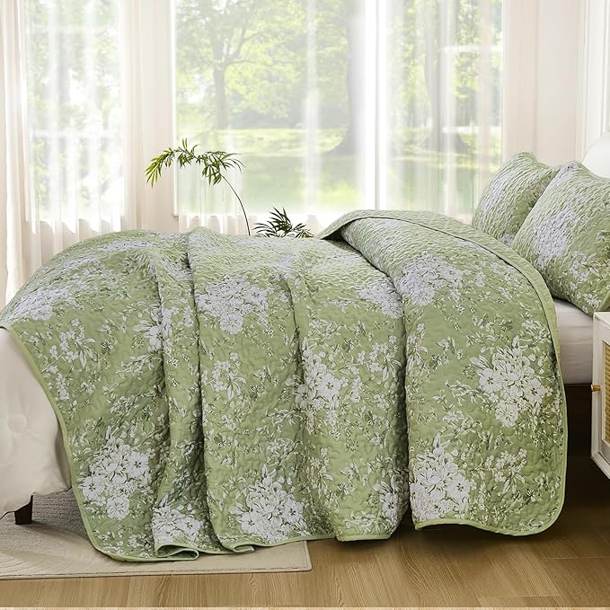 WONGS BEDDING Quilt Queen Size, Green Quilt Bedding Set with 2 Pillowcases, Botanical Quilt for Queen Bed, Soft Microfiber Lightweight Coverlet Bedspread for All Season (96"×90", 3 Pieces)